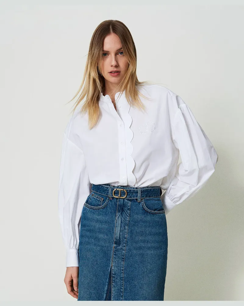 Twin-Set Hemden - Popelinehemd mit Bogenrändern, Weiß, Baumwolle, Größe Weiß