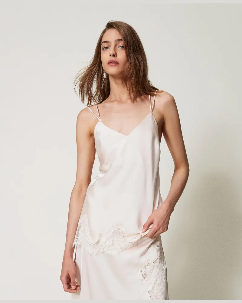 Twin-Set Tops - Langes Top aus Satin und Spitze, „Old White", Größe „old