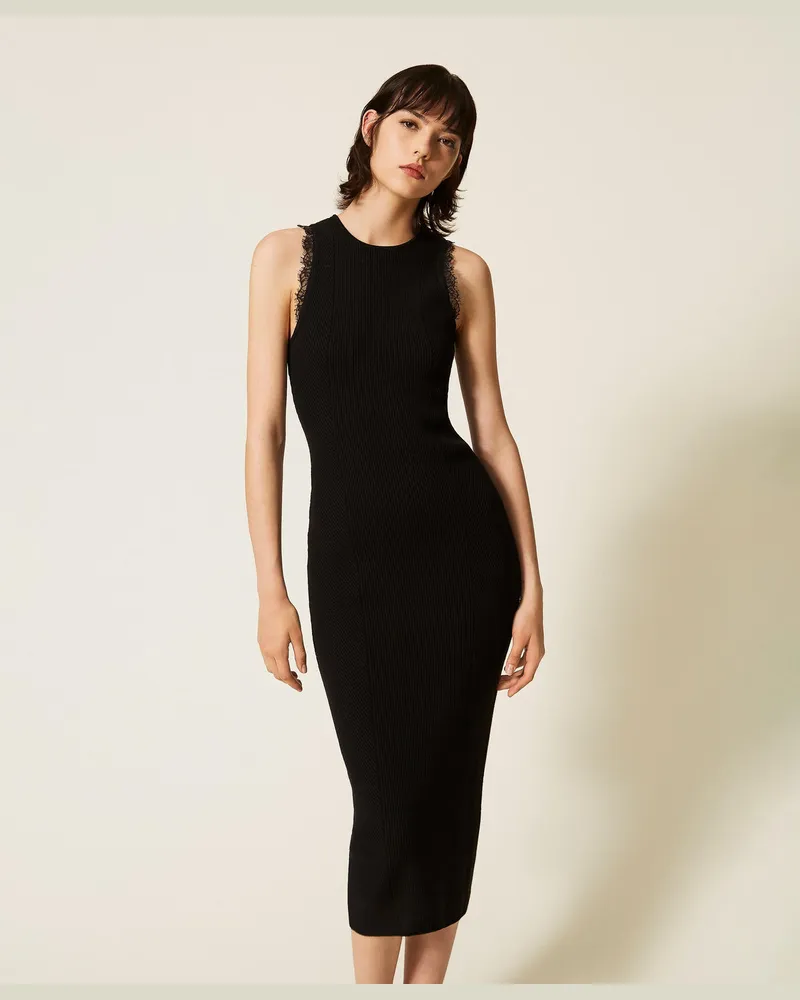 Twin-Set Strickkleid in Midilänge mit Spitze Schwarz