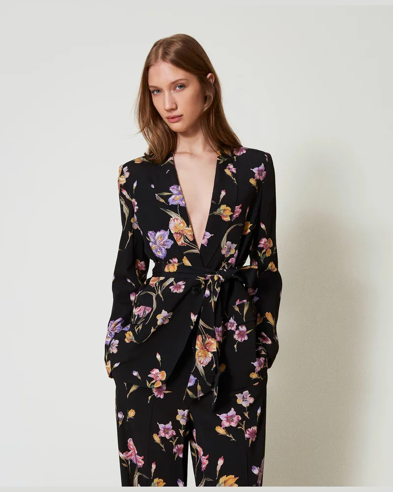 Twin-Set Jacken und Outerwear - Jacke aus Crêpe de Chine mit Blumendessin, Print Iris Multicolor / Black, Größe Print