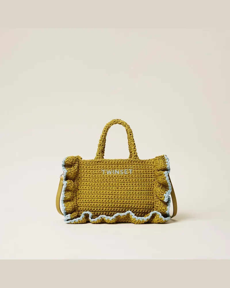 Twin-Set Taschen - Umhängetasche im Häkeldessin mit Rüschen, Zweifarbig "Avocado Oil"-Grün/"Dusty Sky"-Hellblau, Einheitsgröße Zweifarbig