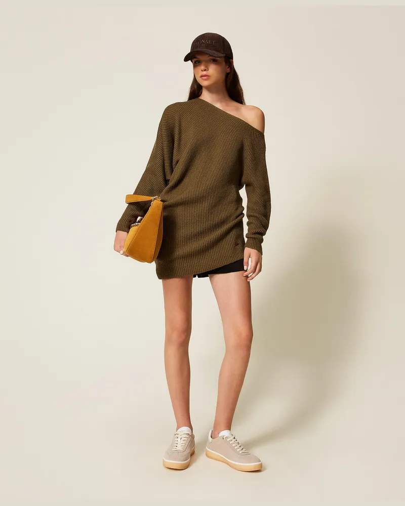 Twin-Set Asymmetrischer Pullover aus Wollmischung, Green Olive, Wolle, Größe Green
