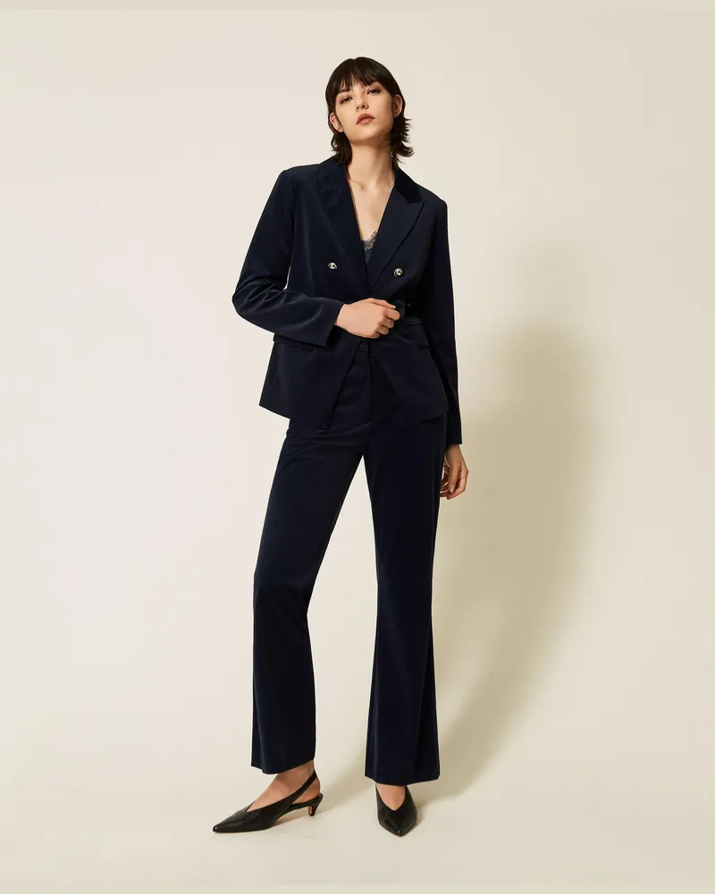 Twin-Set Hose aus Samt in Flared-Fit, Damen, Blue Paint Blue