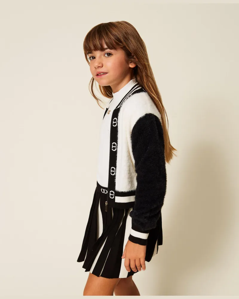 Twin-Set Jacken und Outerwear - Mädchen-Bomberjacke aus Gestrick mit Oval Ts, Zweifarbig Schwarz / Off White, Größe Zweifarbig