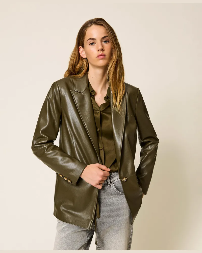 Twin-Set Jacken und Outerwear - Blazer aus Lederimitat, Green Olive, Lederoptik, Größe Green