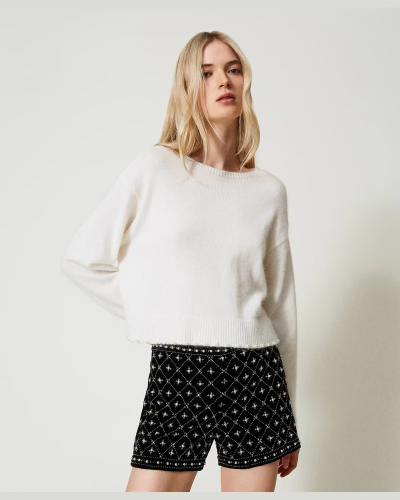 Twin-Set Hosen - Shorts aus besticktem Samt, Schwarz, Größe Schwarz