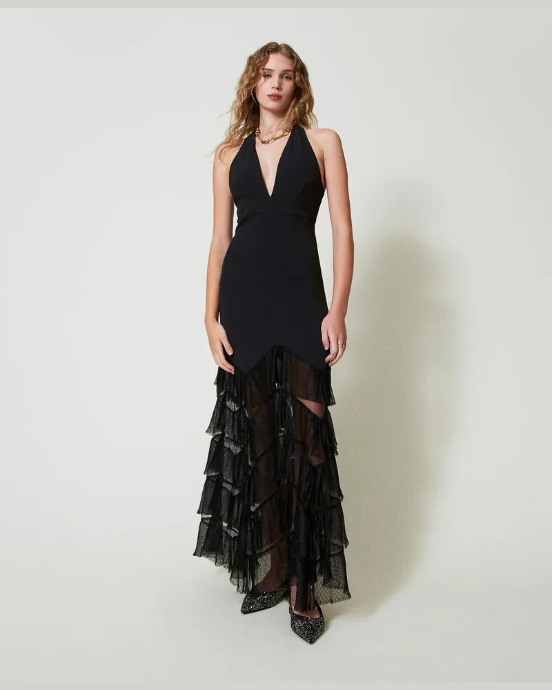 Twin-Set Kleider - Maxi-Neckholderkleid mit plissierten Tüllvolants, Schwarz, Größe Schwarz