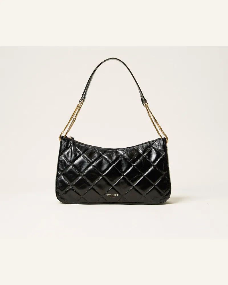 Twin-Set Große Liliane Tasche aus gestepptem Leder, Damen, Schwarz Schwarz