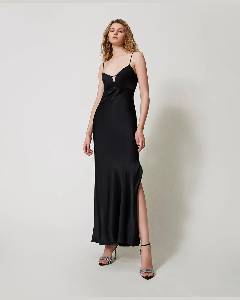 Twin-Set Kleider - Langes Slipdress aus Satin, Schwarz, Größe Schwarz
