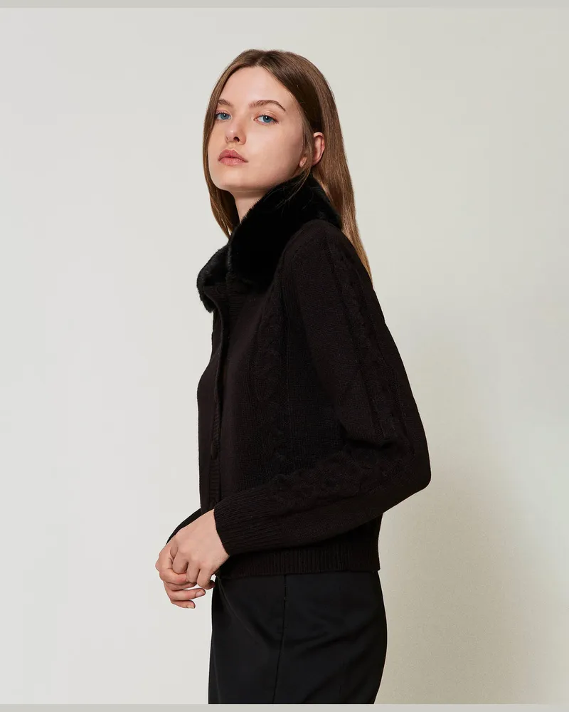 Actitude by Twinset Cardigans - Kurzer Cardigan mit Kragen aus Pelzimitat, Schwarz, Größe: M 