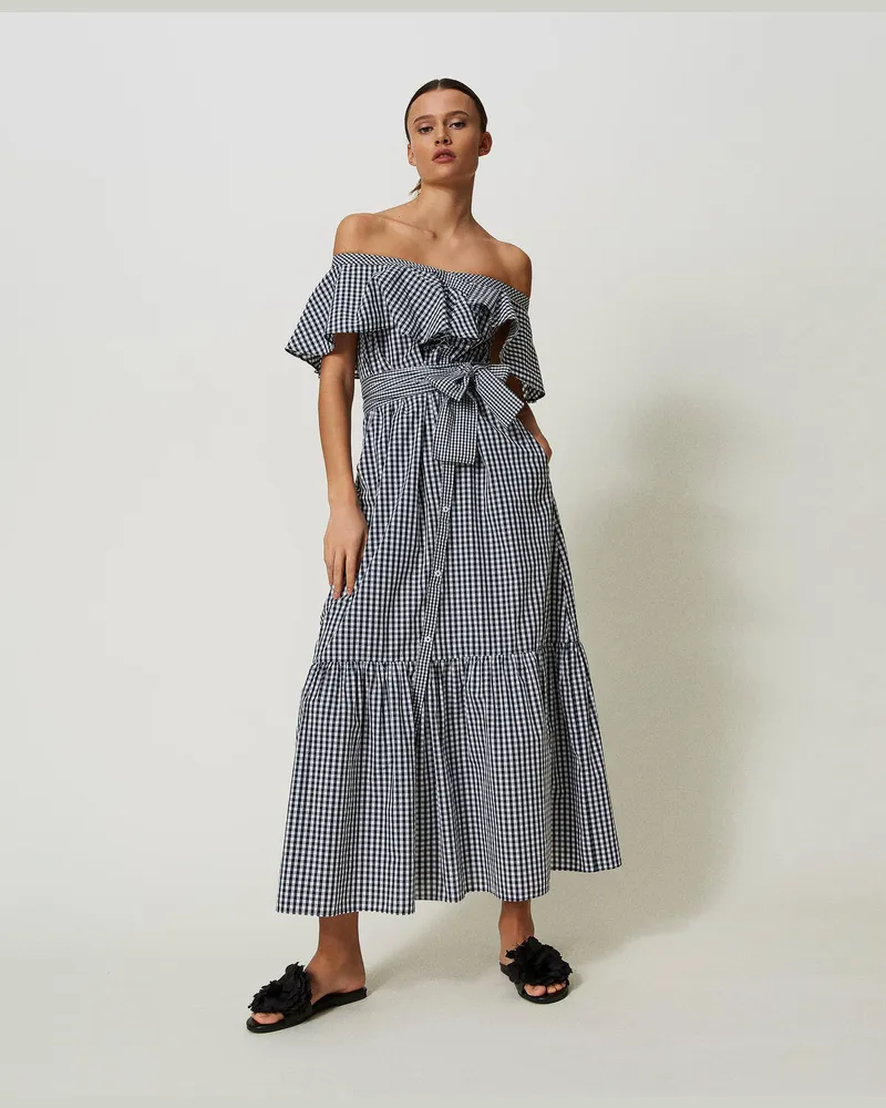 Actitude by Twinset Kleider - Maxi-Vichykleid mit Volants, Zweifarbig Papyrusweiß / Schwarz, Kariert, Größe Zweifarbig