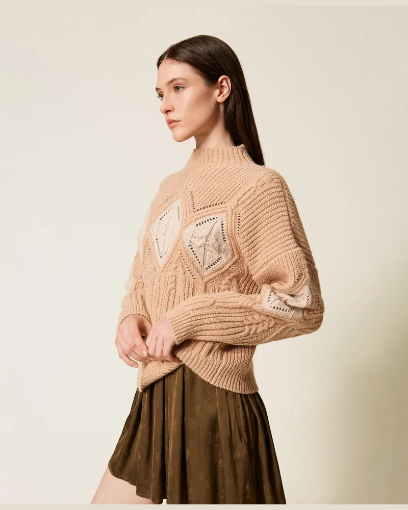Twin-Set Pullover aus Wollmischung mit Intarsien, Zweifarbiges dunkles Parisienne-Rosa /helles Parisienne-Rosa Lurex, Wolle, Größe Zweifarbiges