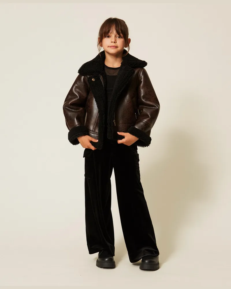 Twin-Set Bomberjacke in Lederoptik mit Kunstpelz, Damen, Zweifarbig Schwarzbraun / Schwarz Zweifarbig