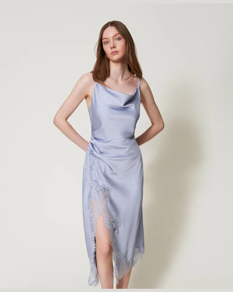 Twin-Set Kleider - Midikleid aus Satin und Spitze, Fliederblütenlila, Größe Fliederblütenlila