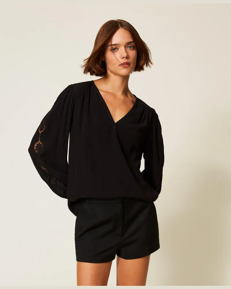 Twin-Set Blusen - Kreppbluse mit Stickerei, Schwarz, Größe Schwarz