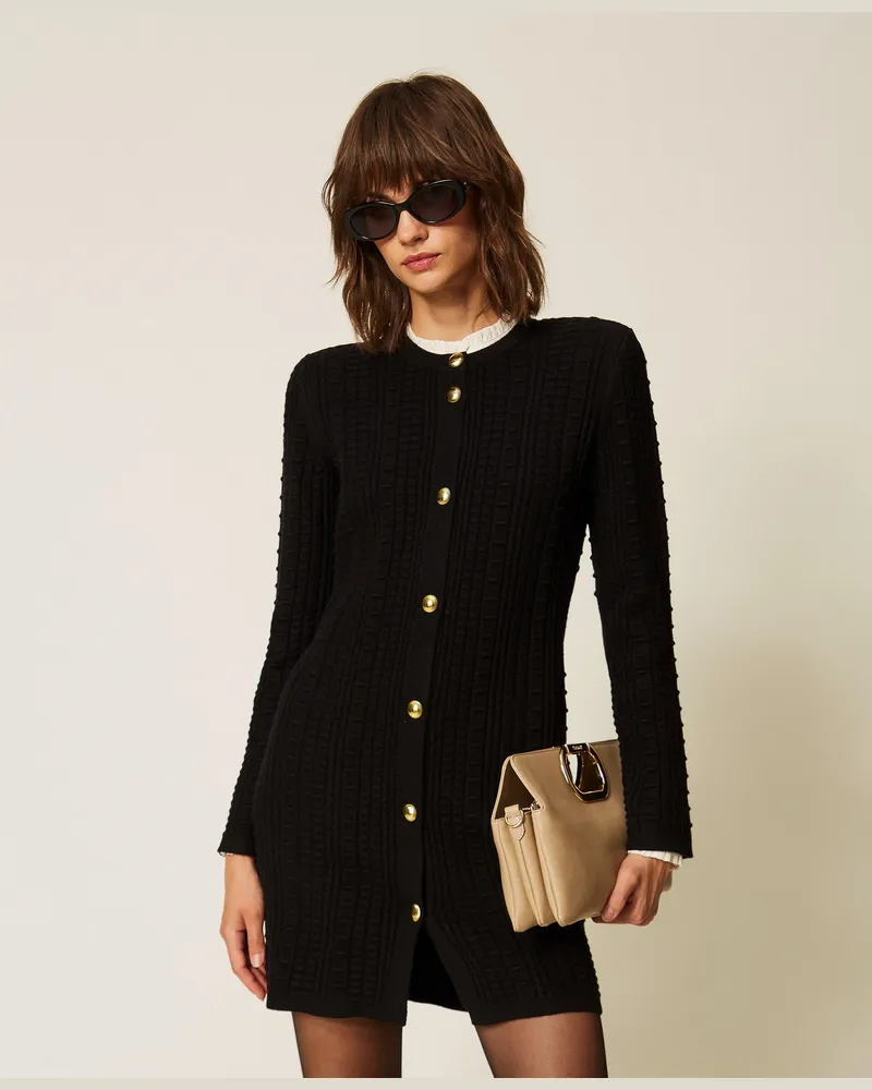 Twin-Set Kurzes Cardigan-Kleid mit Metallknöpfen, Damen, Schwarz Schwarz
