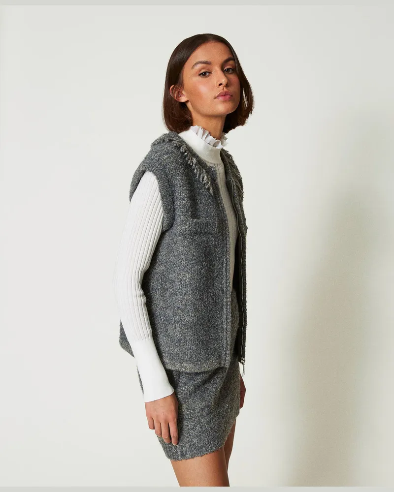 Actitude by Twinset Cardigans - Strickweste aus recyceltem Bouclégarn, Mittelgrau-Melange / Hellgoldenes Lurex, Größe: L 