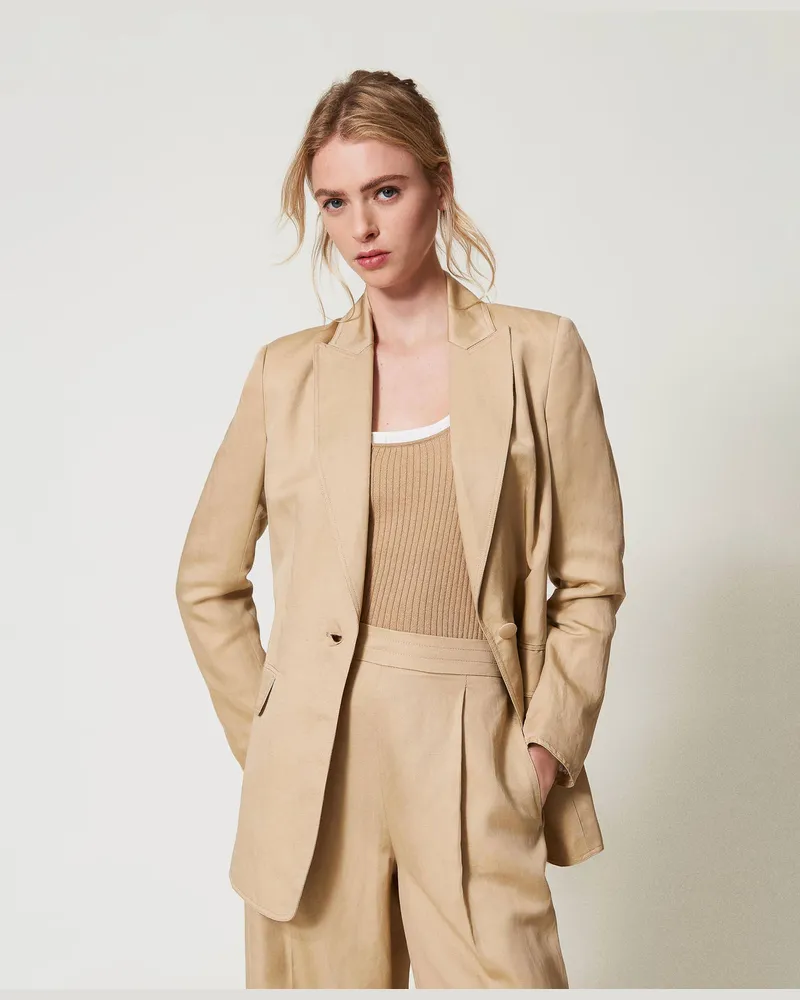 Twin-Set Jacken und Outerwear - Einreihige Jacke aus Leinenmischung, "Rope"-Beige, Größe Rope-beige