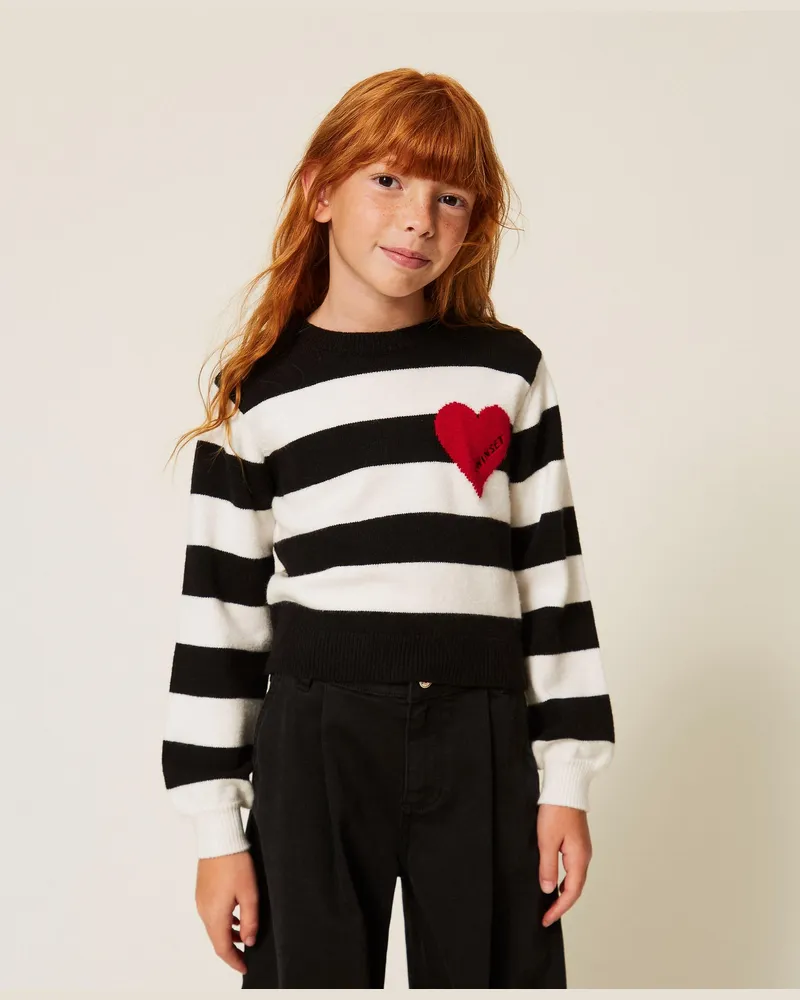 Twin-Set Gestreifter Pullover mit Herz und Logo, Damen, Streifen Schwarz / "Schneeweiß" / "Magentarot" Heart Streifen