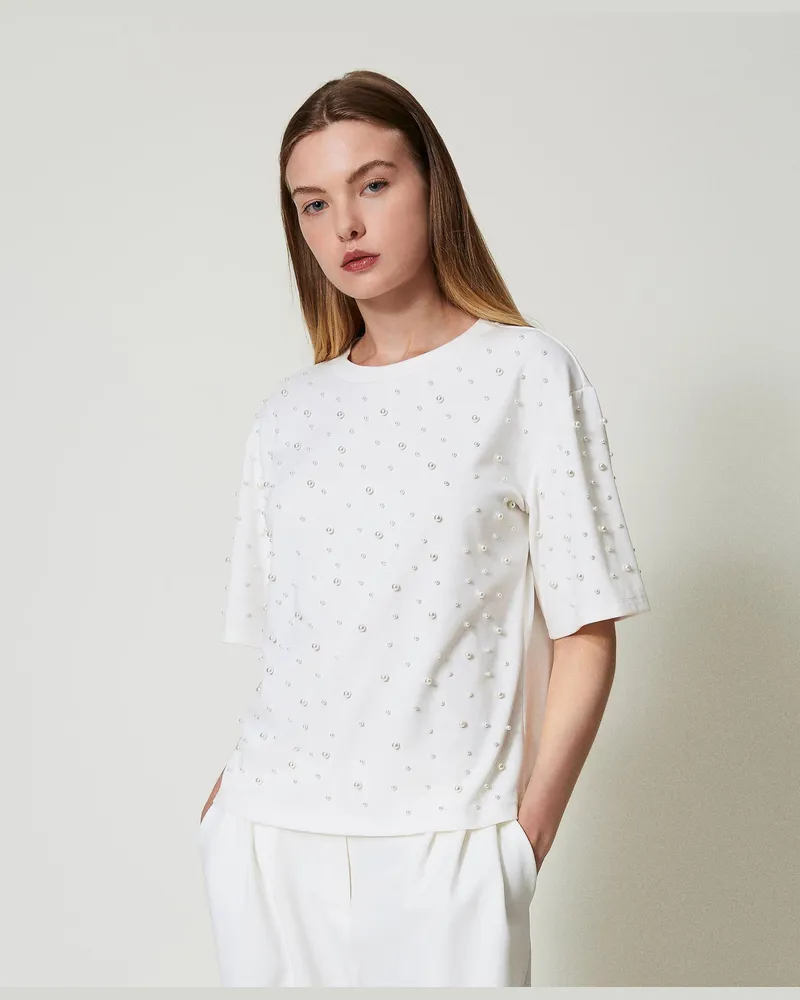 Twin-Set T-Shirts - T-Shirt mit Perlen, Weiß Antique White, Größe: XS 
