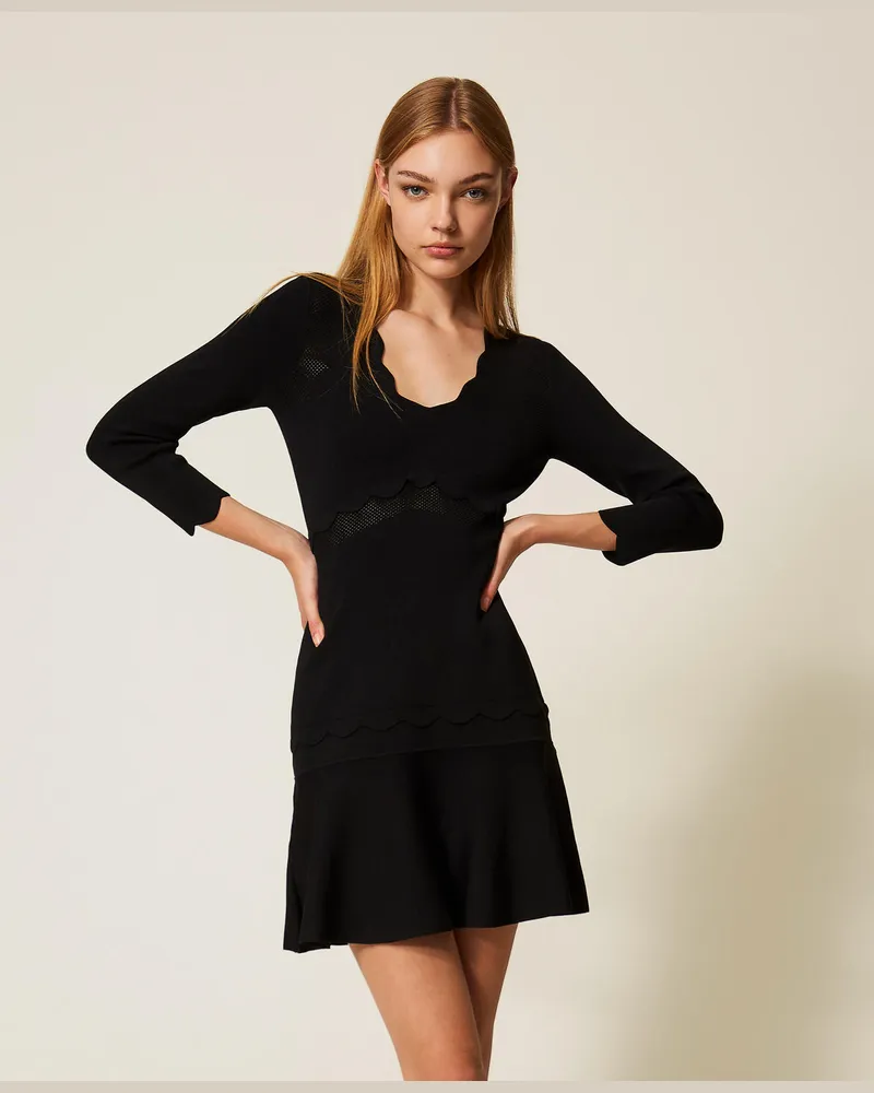Twin-Set Kleider - Kurzes Strickkleid mit Bogenrändern, Schwarz, Größe Schwarz