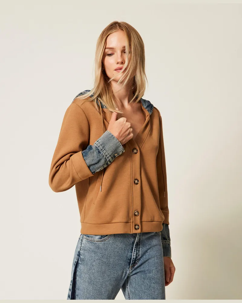 Twin-Set Sweatshirts und -jacken - Sweatshirt aus Scuba und Jeans, Zweifarbig Camel / Denim, Größe Zweifarbig