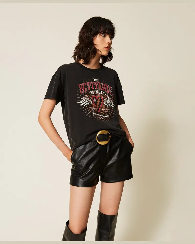 Twin-Set Shorts in Lederoptik, Damen, Schwarz Schwarz