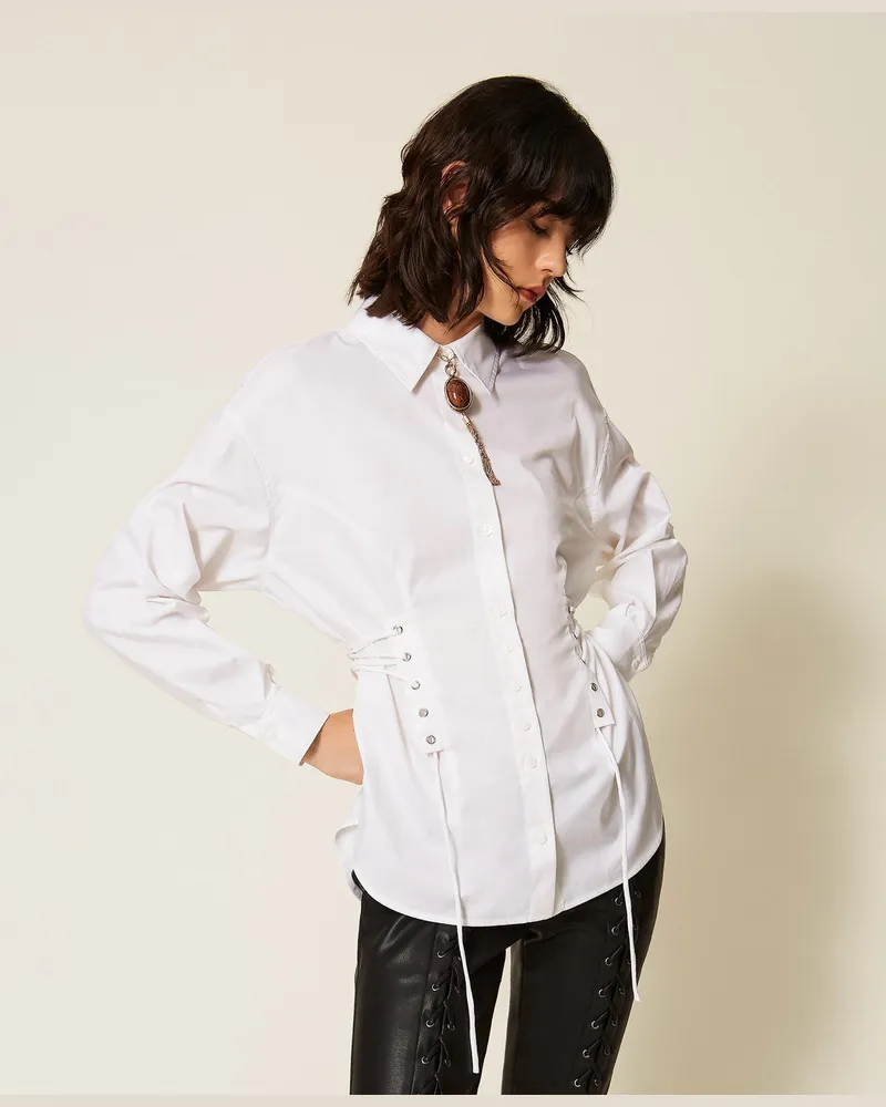 Actitude by Twinset Myfo Hemdbluse aus Popeline mit Bändern Papers-weiß