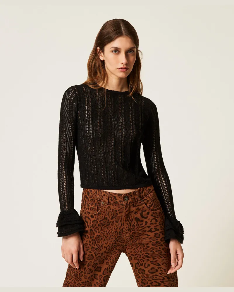 Twin-Set Figurbetonter Pullover mit Volants, Schwarz, Baumwolle, Größe Schwarz