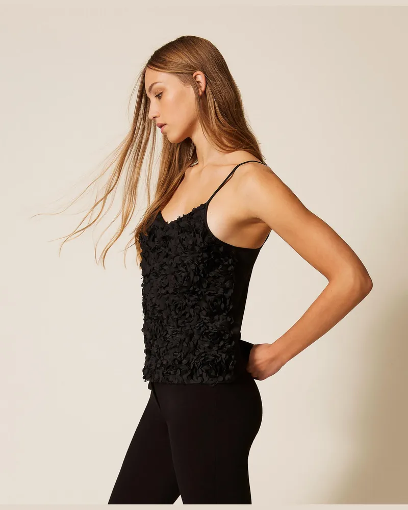 Actitude by Twinset Tops - Top aus Crêpe de Chine und Tüll mit Blumen, Schwarz, Größe Schwarz