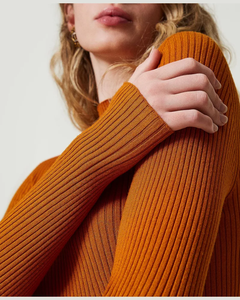 Twin-Set Gerippter Stehkragenpullover, „Tenné"-Orange, Größe: XXL 
