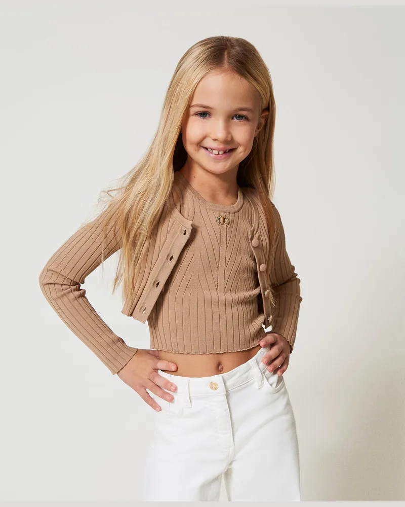 Twin-Set Cardigans - Gerippter Cropped-Cardigan mit Oval T, Beige Hanf, Größe: 8A 