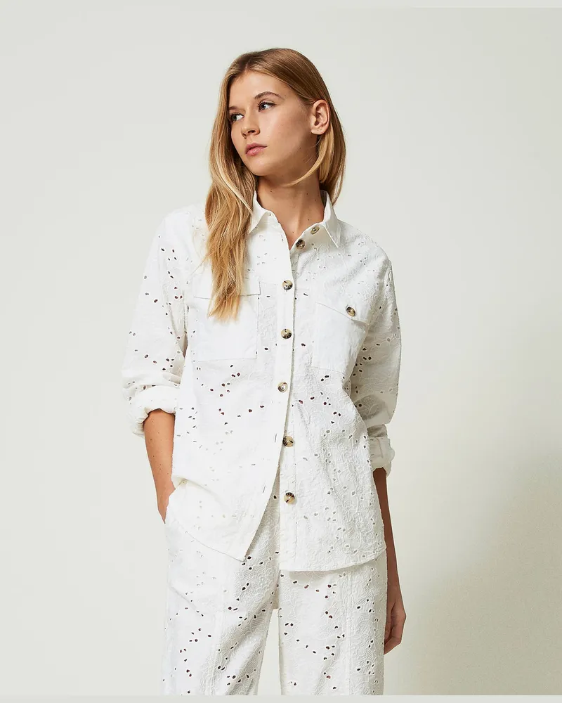 Twin-Set Hemden - Twillhemd mit Lochstickereien, Mattweiß, Baumwolle, Größe Mattweiß