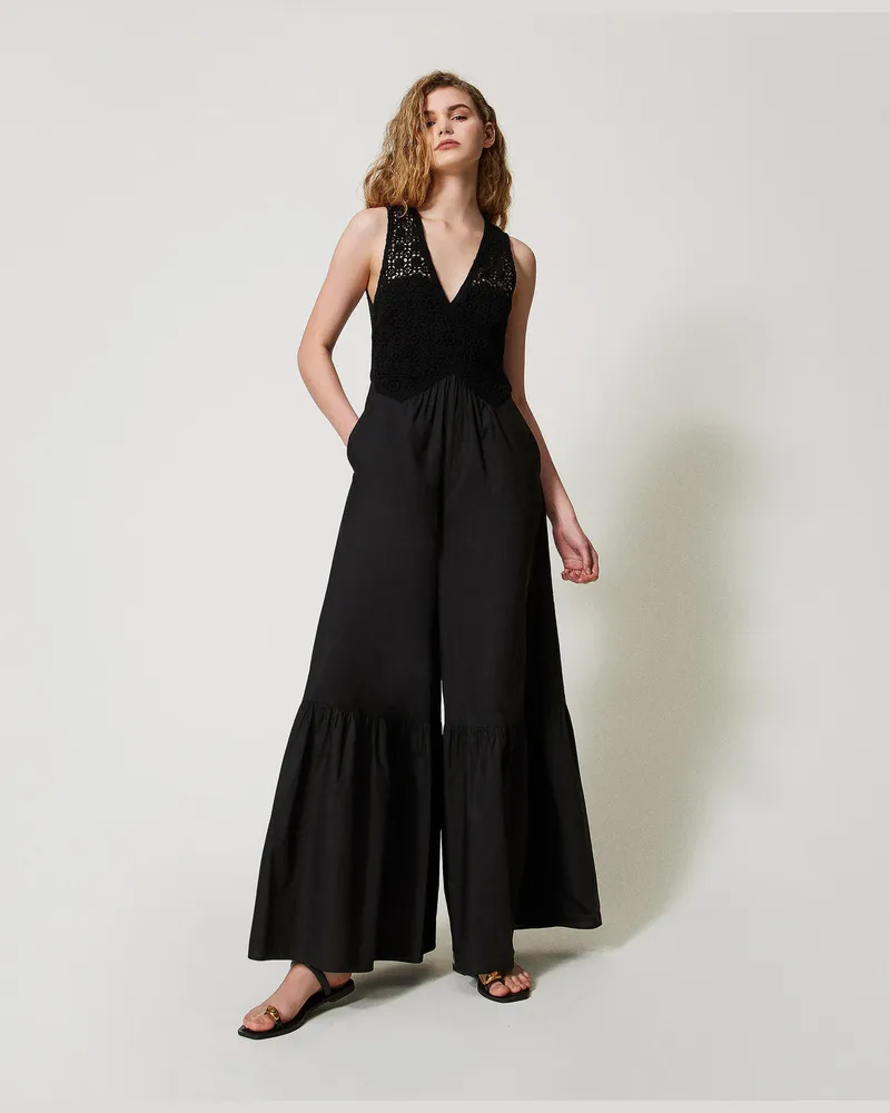 Twin-Set Kleider - Maxijumpsuit aus Popeline mit Häkeldetails, Schwarz, Baumwolle, Größe Schwarz