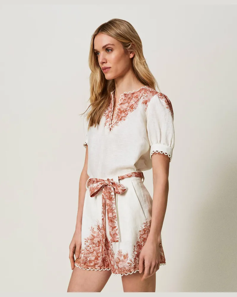 Twin-Set Hosen - Leinenshorts mit Blumenprint, Print Toile de Jouy Schnee / Papaya, Größe Print