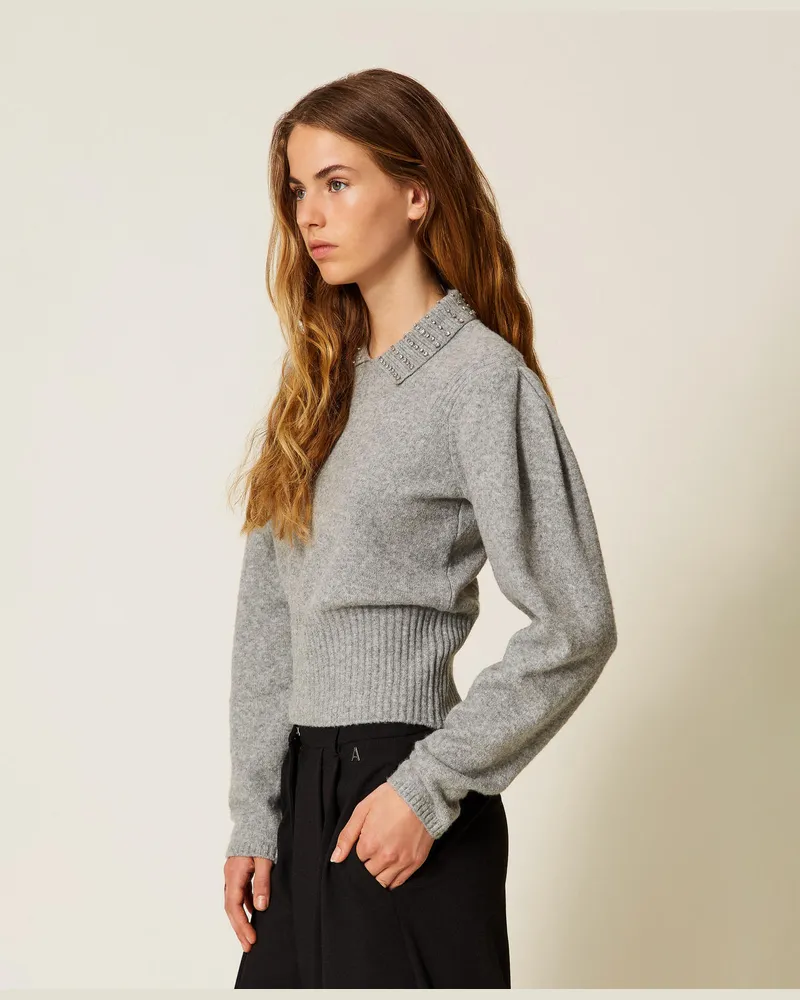 Actitude by Twinset Pullover - Polohemd aus recyceltem Garn, Hellgrau-Melange, Größe: S 