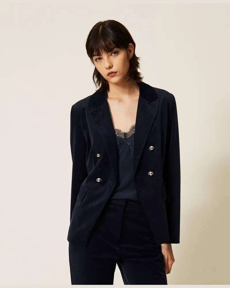 Twin-Set Blazer aus Samt, Damen, Blue Paint Blue