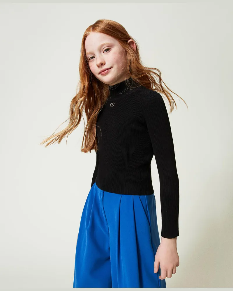 Twin-Set Gerippter Stehkragenpullover mit Logo, Schwarz, Größe: 6A 