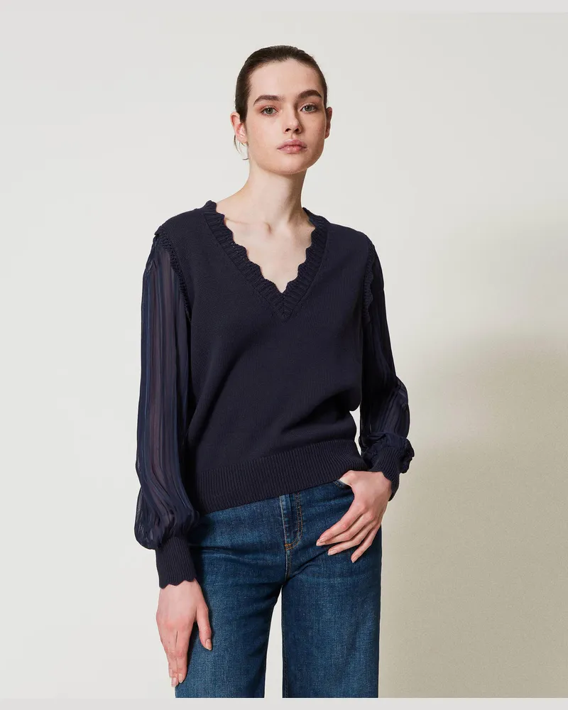 Twin-Set Pullover mit Ärmeln aus gestreiftem Krepon, Blue Night, Baumwolle, Größe: S 