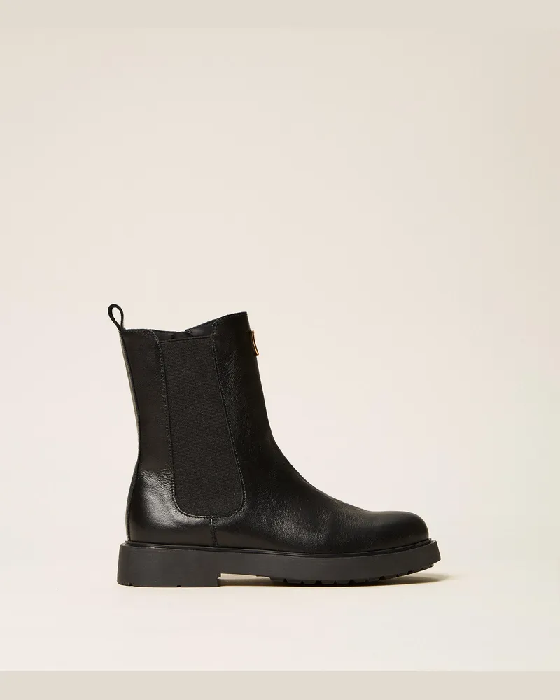 Twin-Set Chelsea-Boot aus Leder, Damen, Schwarz Schwarz