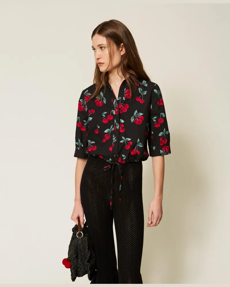 Twin-Set Hemden - Hemdbluse im Cropped-Schnitt aus Popeline mit Kirschen-Print, Cherries Allover Black/Red, Baumwolle, Größe Cherries