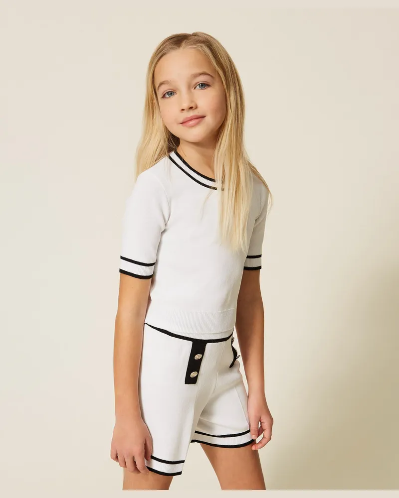 Twin-Set Pullover und Shorts aus Strick mit Bündchen, Zweifarbig Off White/Schwarz, Größe Zweifarbig