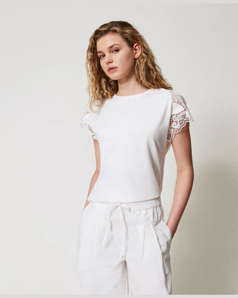 Twin-Set T-Shirts - T-Shirt im Regular-Fit mit Spitze, Weiß, Größe: XXL 