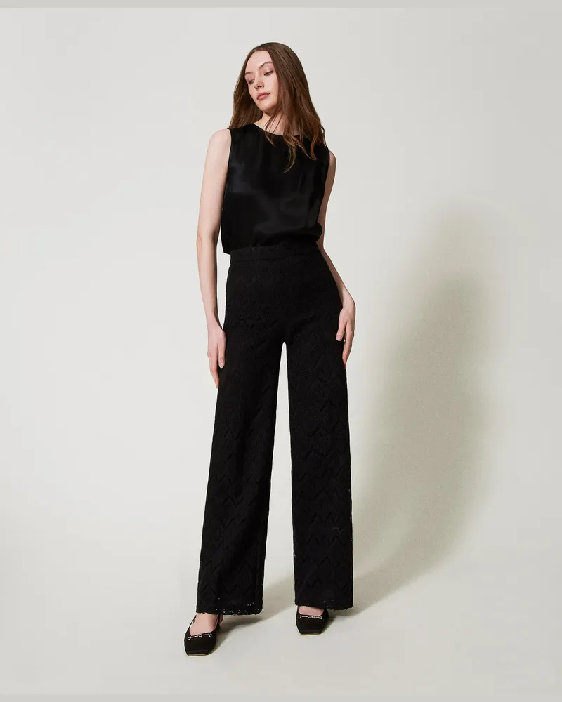 Twin-Set Hosen - Wide-Leg-Hose aus Makrameespitze, Schwarz, Größe Schwarz