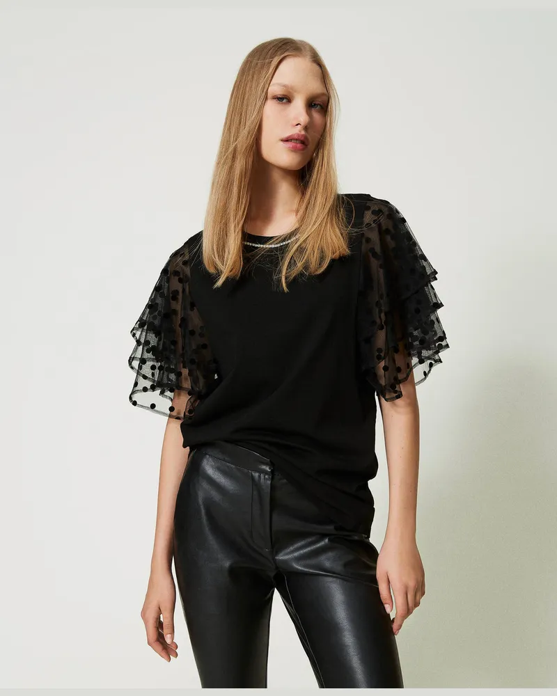 Actitude by Twinset T-Shirts - T-Shirt mit Tüllärmeln, Schwarz, Strass, Größe: XS 