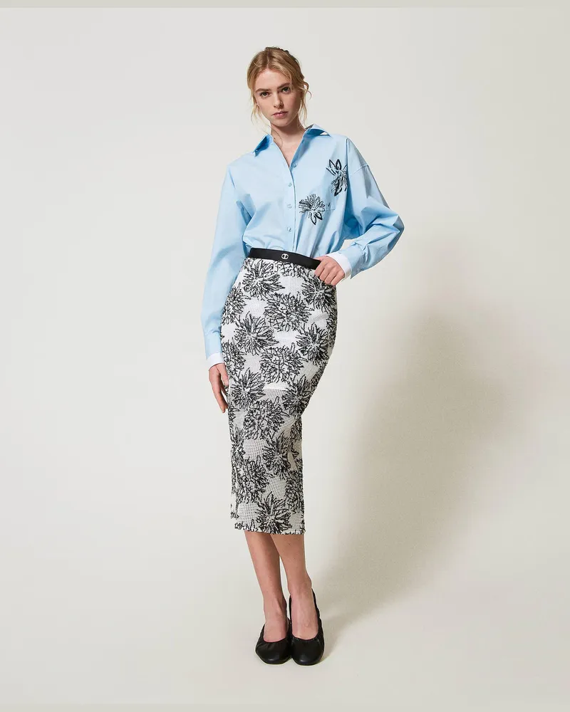 Twin-Set Röcke - Midirock mit Pailletten, Schneeweiß / Stickerei Schwarz, Paillettes, Größe: 48 