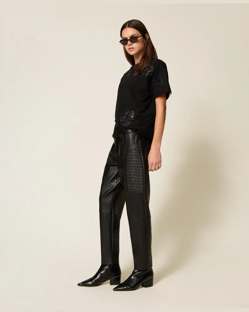 Actitude by Twinset Hosen - Bikerhose aus Lederimitat, Schwarz, Lederoptik, Größe Schwarz