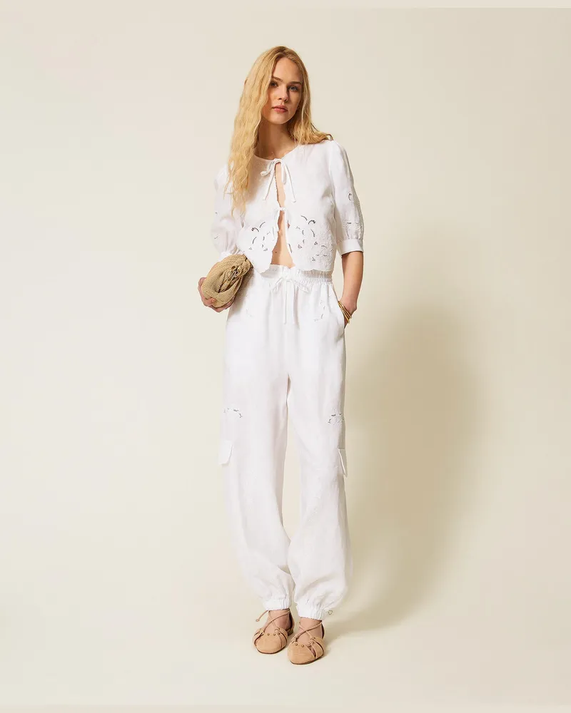 Twin-Set Hosen - Joggers aus Leinen mit Lochstickerei, Weiß, Größe Weiß