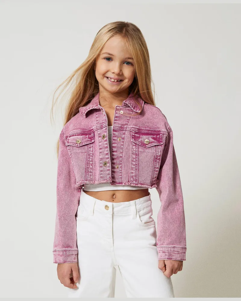Twin-Set Jacken und Outerwear - Cropped-Jacke aus Bull-Denim, Flamingorosa, Baumwolle, Größe Flamingorosa