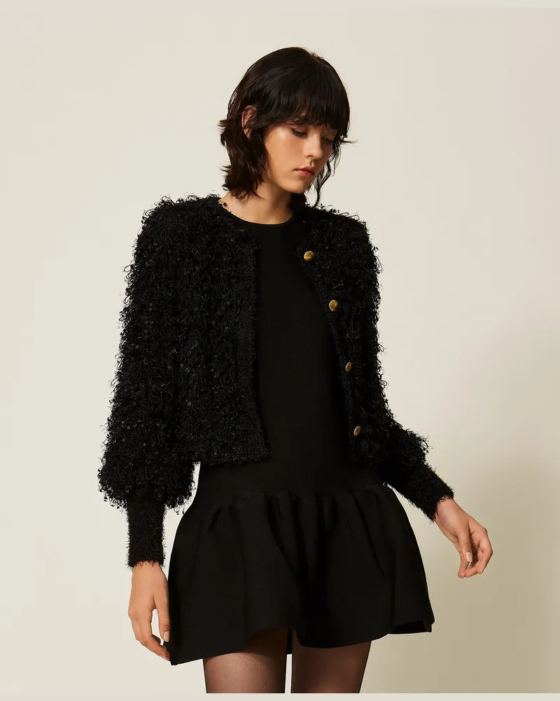 Twin-Set Strickjacke in Pelzoptik Schwarz